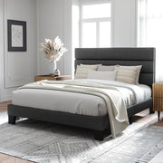 Allewie Queen Size Platform Bed Frame with Fabric Upholstered Headboard | Wooden Slats Support, Fully Upholstered Mattress Foundation, No Box Spring Needed, Easy Assembly, Noise-Free, Dark Grey