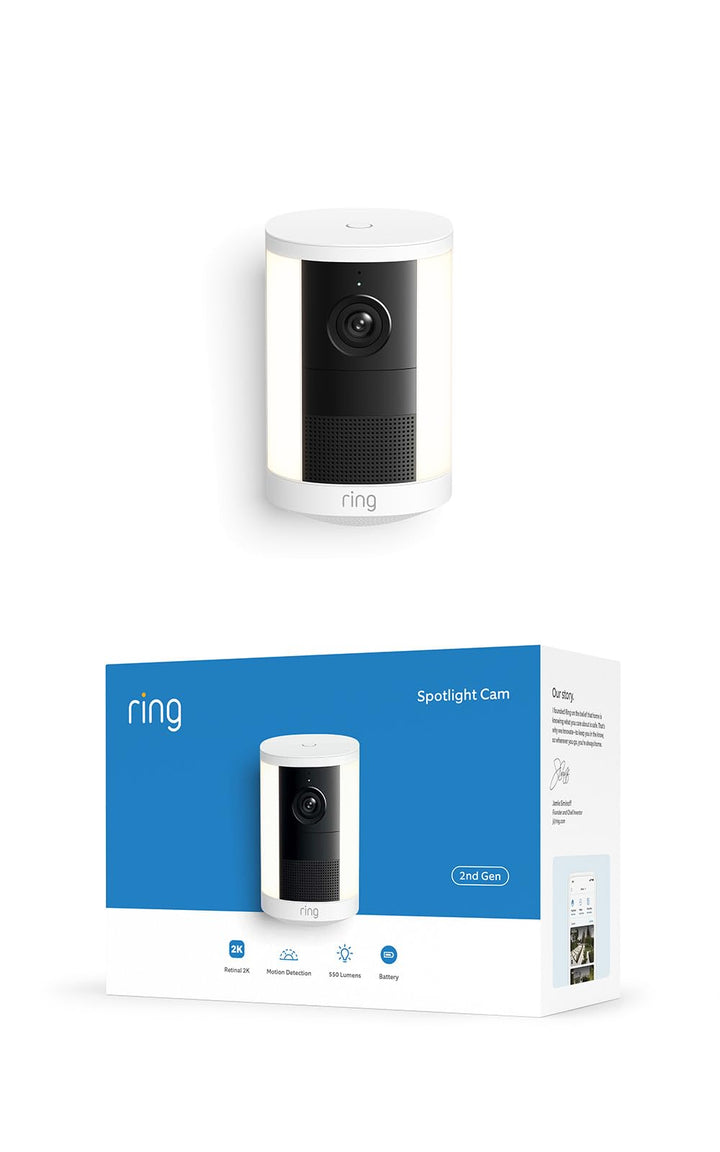 Ring Spotlight Cam 2K (newest model), Battery, Home or business security, Wide-Angle Retinal 2K Video, 6x Enhanced Zoom, Motion-Activated Spotlights, White
