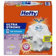 Hefty Ultra Strong 13 Gal Kitchen Trash Bags, Lavender Vanilla, 110ct | Bulk Pack, 13G Tall White Trash Bags with Drawstrings for Kitchen, Resists Leaks, Punctures, Rips, Continuous Odor Control
