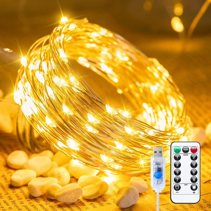 Minetom Twinkle Fairy Lights Plug in, 33ft 100 LEDs USB String Lights | with Remote and Timer, Waterproof 8 Modes for Bedroom Indoor Wreath DIY Wedding Holiday Christmas Decorations, Warm White