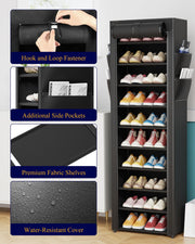 Kitsure 10-Tier Shoe Rack with Cover, Vertical Shelf, 17.5" Wide, Black | Space Saving Shoe Storage with Side Pocket, Shoe Organizer for Closet, Entryway, Bedroom, Zapateras Cabinet