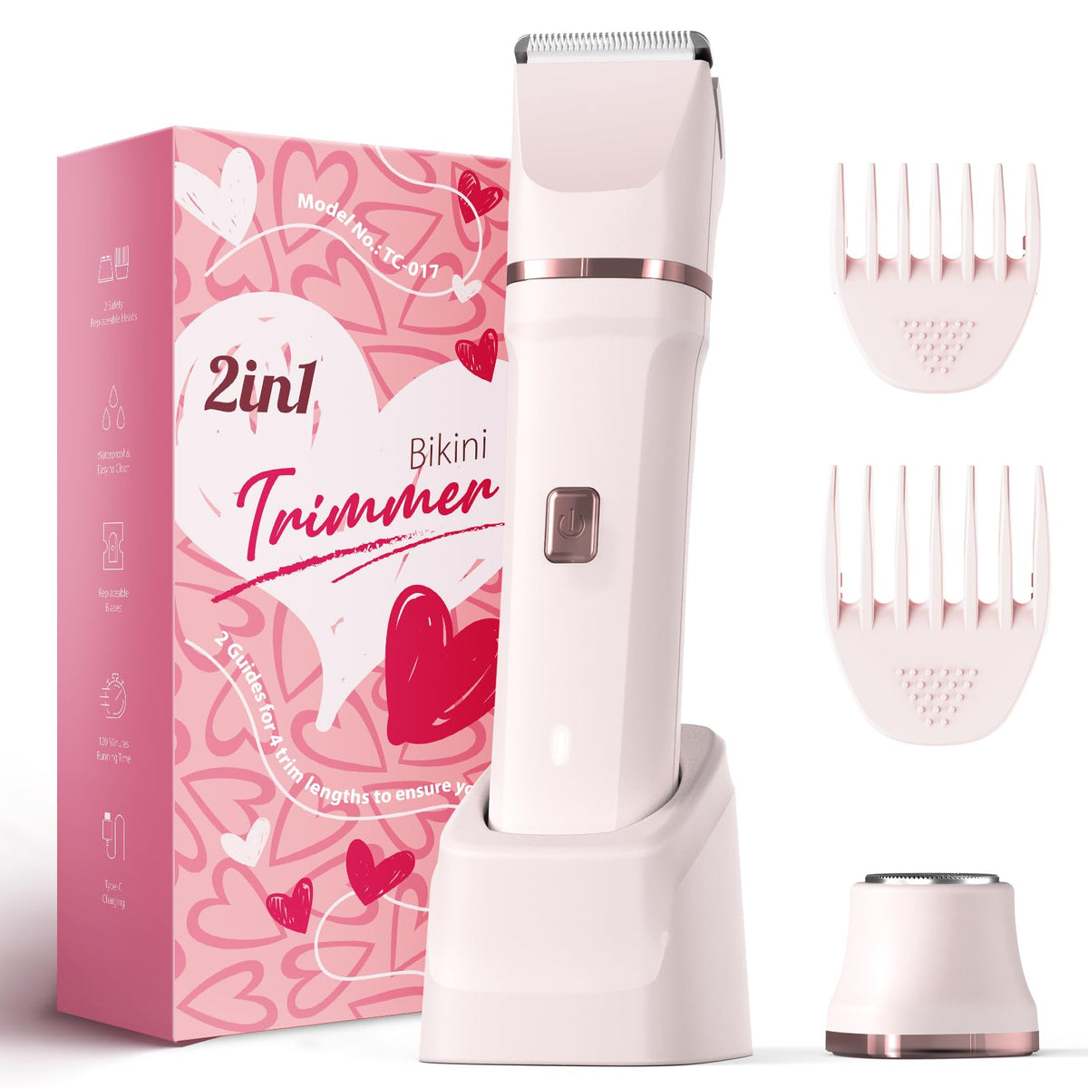 Risina 2-in-1 Bikini Trimmer for Women, Electric Razors for Women, Gifts | IPX7 Waterproof, Rechargeable, Ceramic Blades, Face Shaver and Body Hair Trimmer for Bikini Line, Pubic Hair, Legs, Underarms