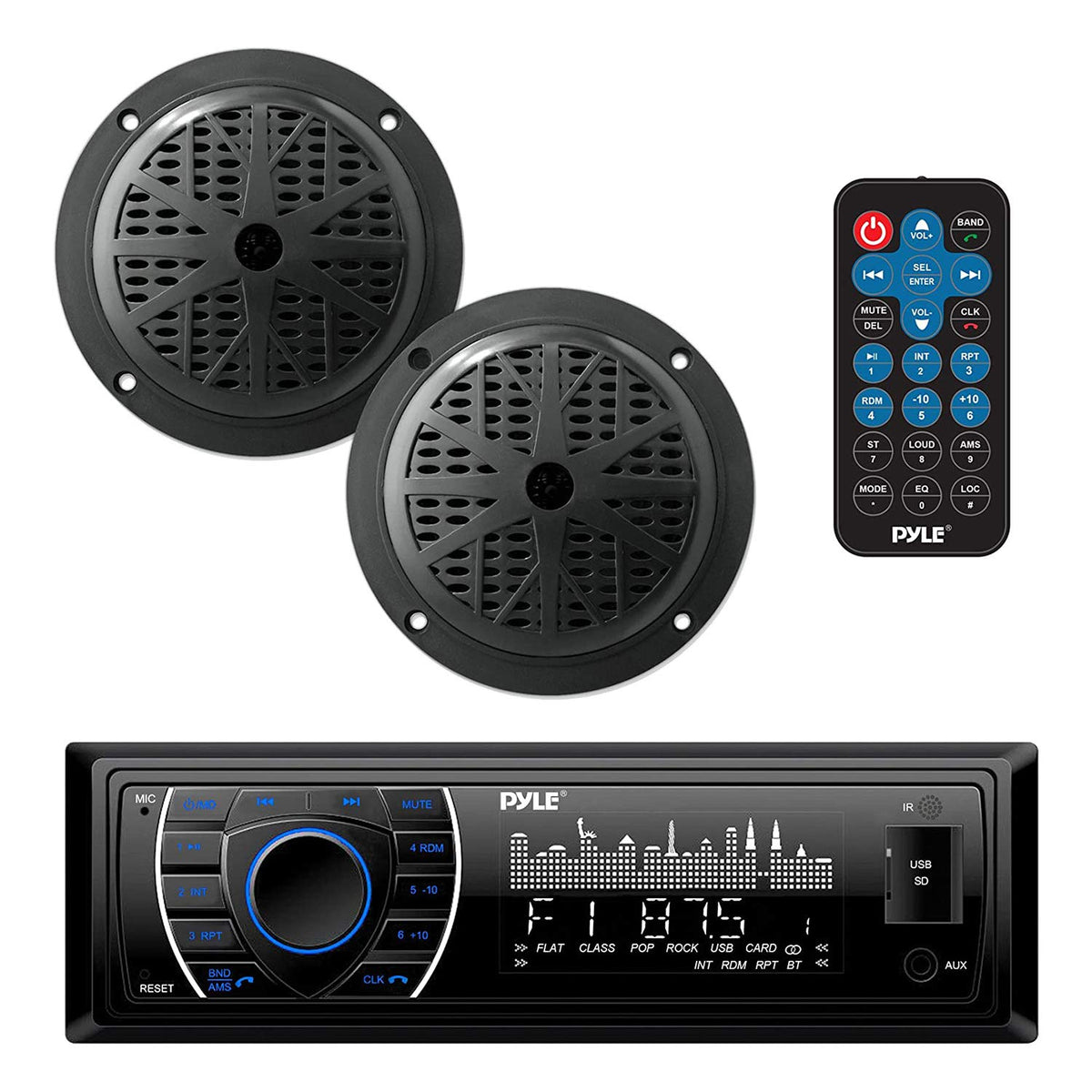 Pyle Marine Headunit Receiver Speaker Kit - In-Dash LCD Digital Stereo Built-in Bluetooth & Microphone w/ AM FM Radio System 5.25’’ Waterproof Speakers (2) MP3/SD Readers & Remote Control-PLMRKT46BK