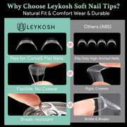 LEYKOSH Extra Short Almond Nail Tips, 216pcs Full Cover Soft Gel, 12 Sizes | 70-grit pre-sanded matte clear tips save filing time, with full-cover soft gel fit for DIY extensions and salon manicures.