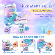 NEMONE Mermaid Adjustable Light up Roller Skates for Girls Boys | 4 Size Purple Blue Roller Skates for Toddlers, Beginner Kids Butterfly Roller Skates Indoor Outdoor