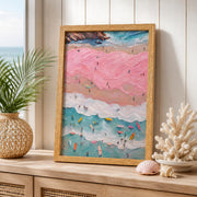 Framed Pink Coastal Canvas Wall Art,Girl Beach Surfers Picture Wall Decor | Summer Poster Print Artwork,for Bedroom Bathroom Girls Room Home Decoration 12x16 inch