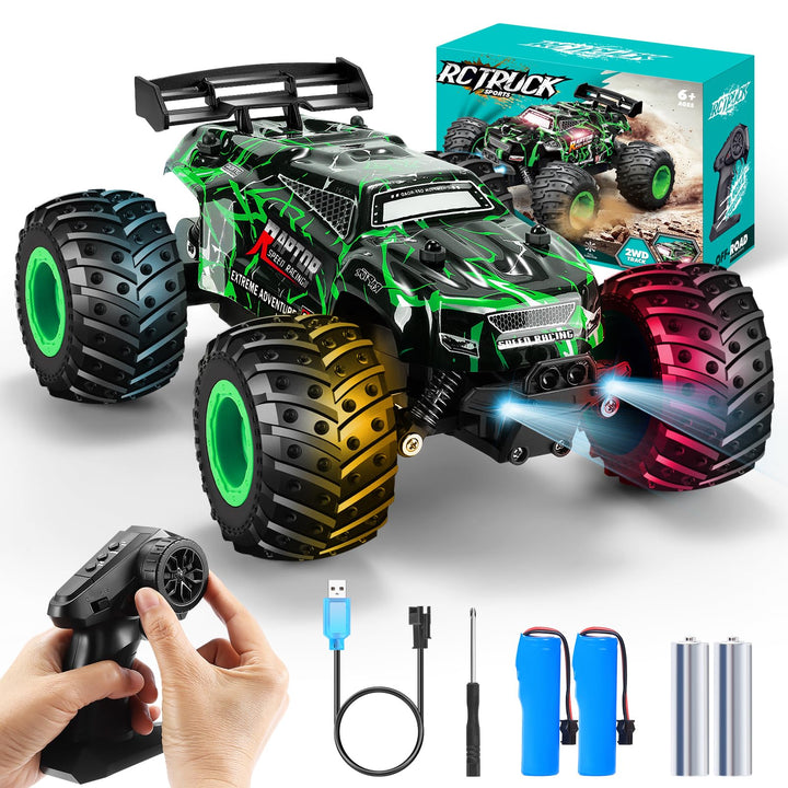 BIFYTON Remote Control Car, All-Terrain Rechargeable Rc Truck Boy Toys | Remote Control Truck with LED Light, 20KM/H, Sturdy PVC Shell, 2-Batteries, Toys for Boys 4-7 8-12 Beginner, Birthday Green