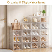 Sturdy Clear Shoe Organizer with Magnetic Door, Stackable Shoe Storage Box | Thick Plastic Shoe Storage for Sneakers & Boots, Collapsible Closet Shoe Rack and Clear Shoe Box, 6 Pack White