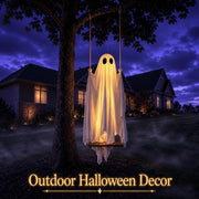 5FT Large Outdoor Halloween Decorations Swing Hanging Ghost for Porch, Yard | Ready to Hang Setup, Height-Adjustable Swing, Timer Remote Lights Strings, Draped Smooth Fabric, Porch Yard Lawn Tree Decor