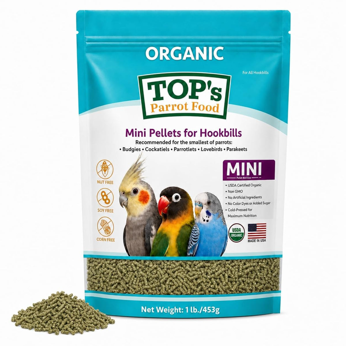 TOP's Mini Parrot Pellets 1 lb, USDA Organic Certified, Non-GMO Bird Food
