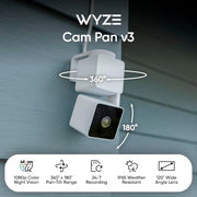 WYZE Cam Pan v3, Indoor/Outdoor Security Camera with 360° Pan/Tilt/Zoom | Vibrant Color Night Vision, IP65-rated, Pan Scan Auto Patrol, 2-way Audio and Privacy Mode, No subscription required.