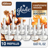 Glade PlugIns Air Freshener Refills, Cashmere Woods, 10 Count | 0.67 fl oz Each, Includes 10 Refills, Scented and Essential Oils for Home and Bathroom Use, Fits Glade PlugIn Warmer