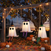 Halloween Swinging Ghost Outdoor Decor, Spooky Hanging Ghosts Decorations | Set of 3, Timer Function, Remote Control, Unique Ghost & Witch Fusion Design, Solid Wood, 29.5Inches Height