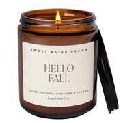 Sweet Water Decor Hello Fall Candle, 9oz Amber Jar, Autumn Scents for Home | Hot Cider, Cinnamon, Cloves, & Nutmeg Soy Wax Scent Notes, 40+ Hour Burn Time, Glass Jar, Black Lid, Thanksgiving & Halloween