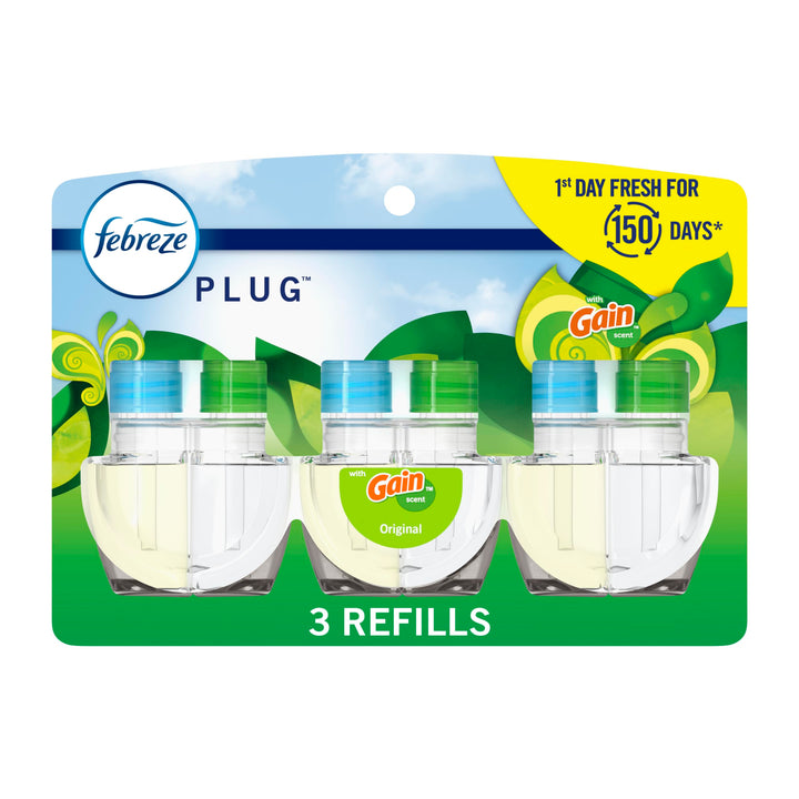 Febreze Plug-In Air Freshener, Odor-Fighting Scented Oil Refill, Air Fresheners for Home, Bathroom and Kitchen, Long Lasting, Gain Original Scent, 0.87oz Refills, Blue and Green, 3 Count