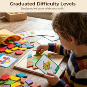 LovesTown 209 PCS Shapes Wooden Pattern Blocks for Kids | Geometric with Activity Cards, Storage Bag, Educational Tangram Puzzles, Great Learning Gift
