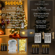 suddus Fairy Lights Battery Operated with Remote, 33ft 100 LED Dimmable Twinkle Lights with Timer, Waterproof Copper Wire String Lights for Bedroom, Christmas, Tree, Indoor Outdoor Decor (Warm White)