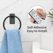 STWWO Hand Towel Holder for Bathroom, Adhesive Round Towel Ring, Black | for Bath RV Kitchen, Self Adhesive No Drill Hole, Easy to Install