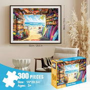 300 Piece Jigsaw Puzzle for Adults & Kids, Seaside Surf Shop, 20.5x15 in | Colorful surf shop filled with surfboards, beach gear and a sunny ocean view