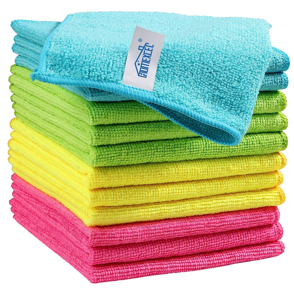 HOMEXCEL 12PK Microfiber Cleaning Cloth, Cleaning Rag for Home, 11.5x11.5in | Reusable, Lint Free, Scratch-Free and Highly Absorbent Towels for Kitchen, Window and Glass, Cars (Green/Blue/Yellow/Pink)