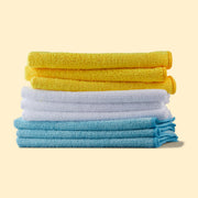 Amazon Basics Microfiber Cleaning Cloths, Ultra Absorbent, Lint Free, Streak Free, Non-Abrasive, Reusable and Washable, 16" x 12", Blue/White/Yellow, Pack of 24