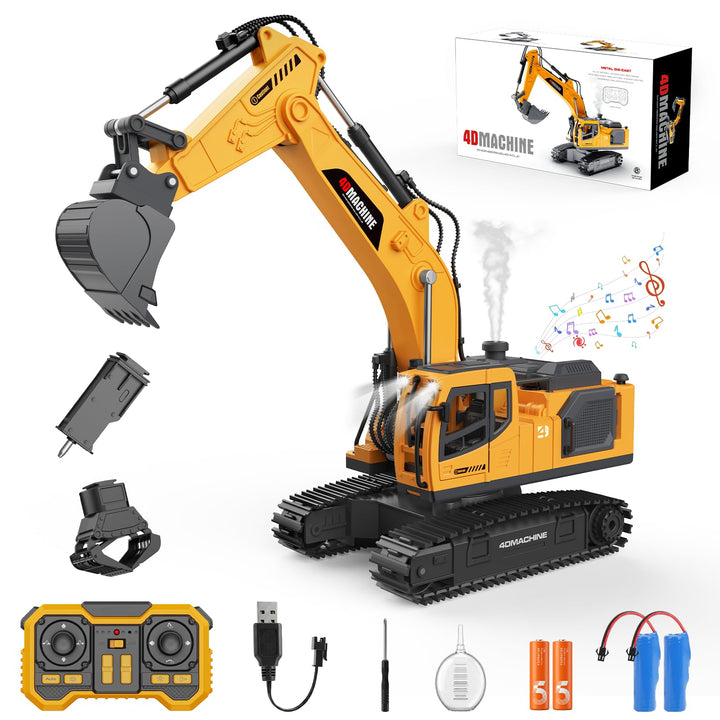 Noizka Remote Control Excavator Toy for Boys, 3-in-1 RC Excavator with Alloy Bucket, Breaker & Grapple, Construction Vehicle Toys with Lights & Sounds, 2×1200mAh Batteries, Birthday Gift for Kids 8-12