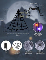 Spider Webs Halloween Decorations Lights - 550 LEDs Outdoor Giant Halloween Decor Lights with16.4ft,4ft Spider,8 Modes,Waterproof&Timer for Yard Porch Garden,Outside Party (with Spider)
