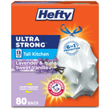 Hefty Ultra Strong 13 Gal Kitchen Trash Bags, White, Lavender Vanilla, 80ct | 13G Tall White Trash Bags with Drawstrings for Kitchen and Home Use, Resists Leaks, Punctures, Rips, Continuous Odor Control
