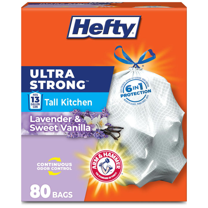 Hefty Ultra Strong 13 Gal Kitchen Trash Bags, White, Lavender Vanilla, 80ct | 13G Tall White Trash Bags with Drawstrings for Kitchen and Home Use, Resists Leaks, Punctures, Rips, Continuous Odor Control
