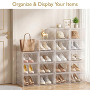 Sturdy Clear Shoe Organizer with Magnetic Door, Stackable Shoe Storage Box | Thick Plastic Shoe Storage for Sneakers & Boots, Collapsible Closet Shoe Rack and Clear Shoe Box, 6 Pack White