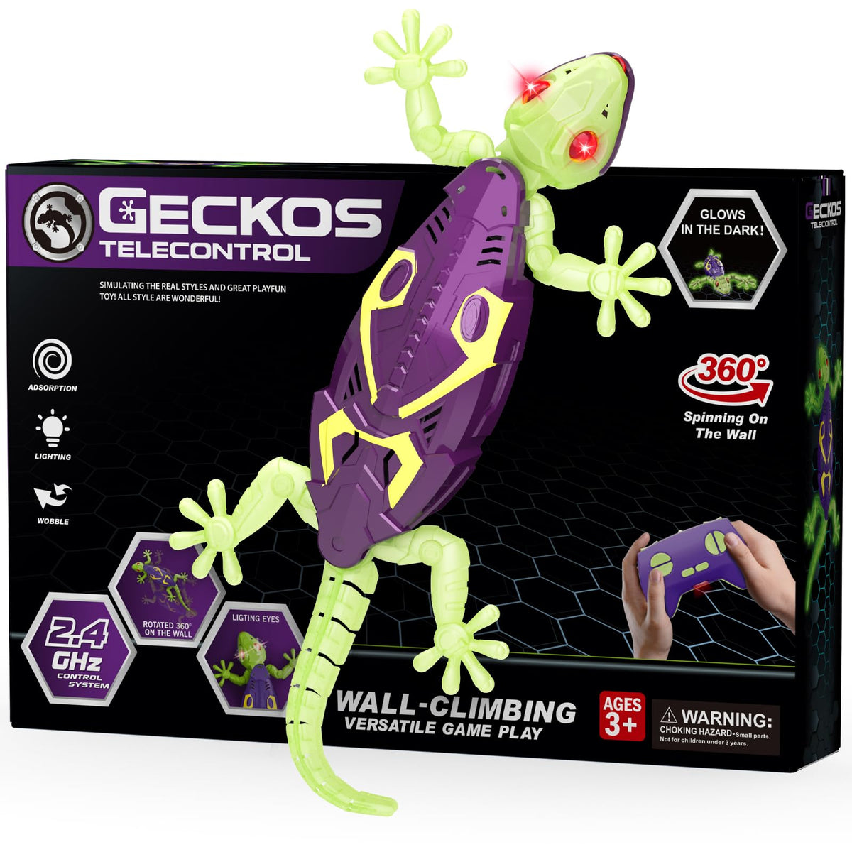 Wall Climbing Gecko RC Toy, Birthday Gifts for Boys 3 4 5 6 7 8+Years Old | Glow in the dark,Low Noise,Stronger suction, Rechargeable toys, Boy Toys for Age 3 Years and Up,Kids Gifts Ages 3-10