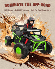 First Ride On 36V Kids Ride On UTV, 2-Seater 400W Electric Car for Kids 6+, 5-8 MPH Speed, 14" EVA Wheels, Metal Frame, Bluetooth Music, Rear Metal Suspension Off-Road Vehicle (Green)