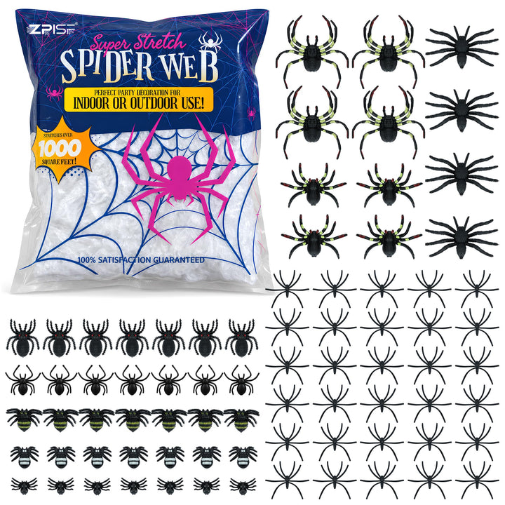 1000 sqft Spider Webs Halloween Decorations with 77 Fake Spiders | Super Stretch Cobwebs for Halloween Indoor and Outdoor Decor