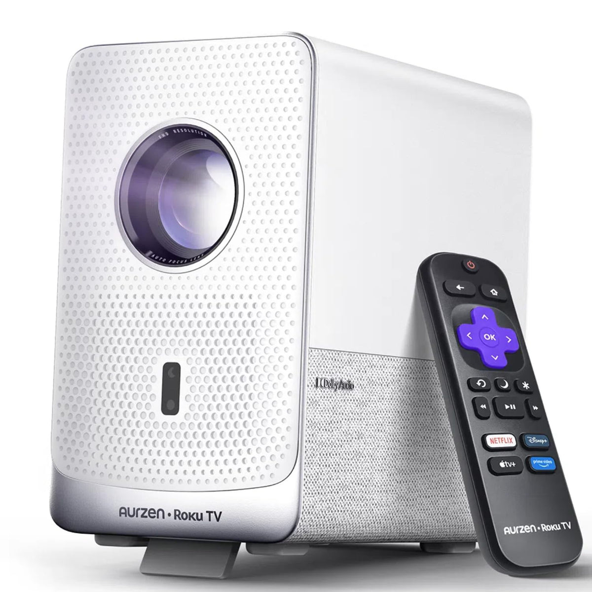 Aurzen Roku TV D1R Cube Smart Outdoor Projector with WiFi and Bluetooth | Roku TV Built-in, Sealed Optical Engine, 1080P FHD, DoIby Audio, Portable Mini Projector for Home/Outdoor Movie Soccer Game