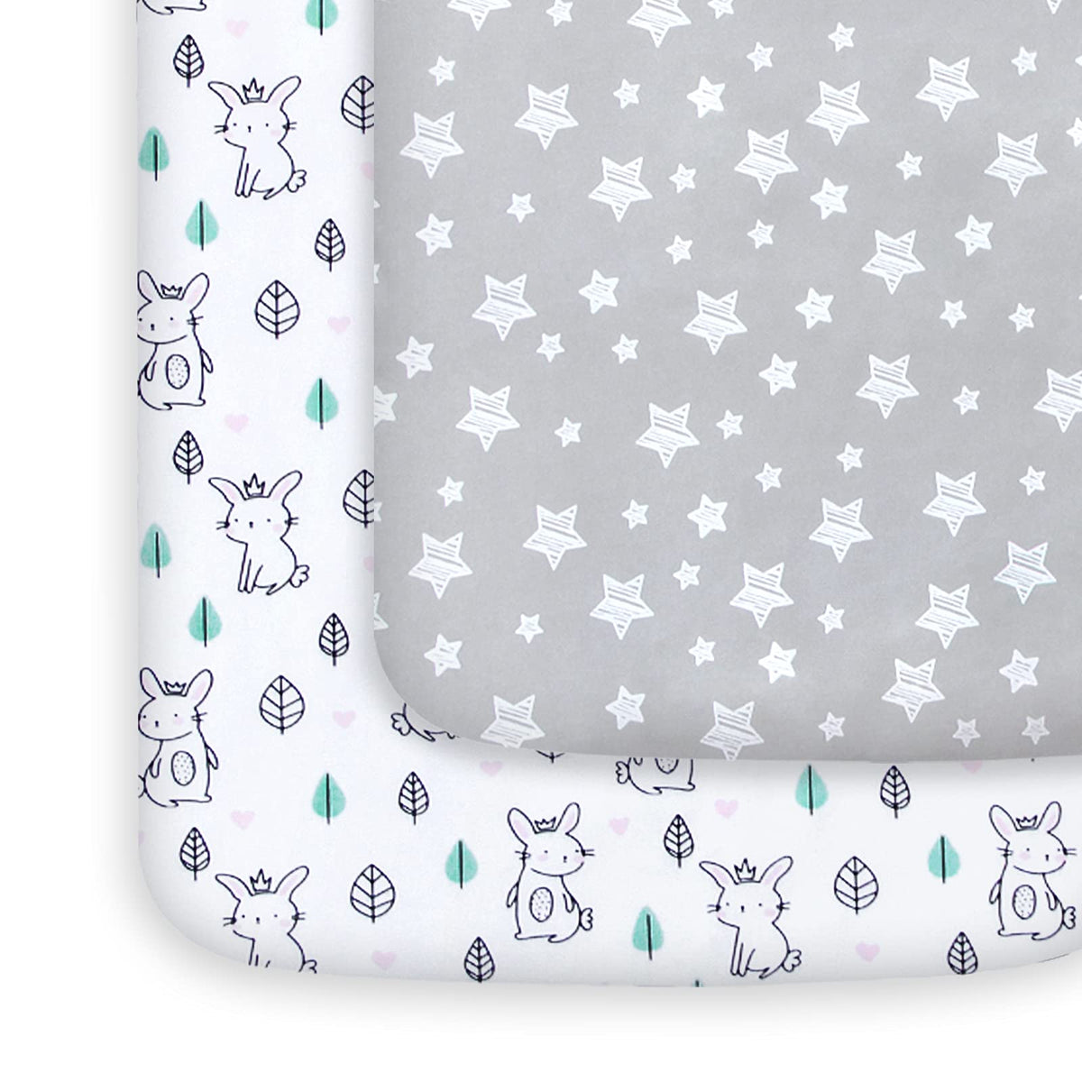 Pack and Play Sheets, 2 Pack Mini Crib Sheets, Stretchy Playard Fitted Sheet, Compatible with Graco Pack n Play, Soft and Breathable Material, Stars & Bunny