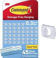 Command Clear Indoor Mini Light Clips Value Pack, 45 Clips, 54 Strips, Damage-Free String Light Hangers for Home, Room, Wall, Office, and Dorm Decor, Great for Cable Management, Holds up to 0.3 lb