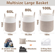 JMvicyroam 60L Cotton Rope Laundry Basket Hamper, Brown | Collapsible Laundry Basket, Reinforced Handles, Freestanding, Machine Washable, Holds 3-5 Thick Blankets, Clothes or Toys