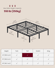 VASAGLE Full Metal Bed Frame, 14 Inches Tall, 1100 lb Weight Capacity | Heavy-Duty Platform Bed, No Box Spring Needed, Under-Bed Storage, Mattress Retainers, Easy Setup, URMB652BD02S