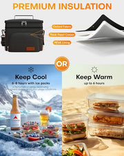 HOTOR Insulated Lunch Box Men Women Leak-Proof Cooler Lunch Bag 9L | 4 Pockets, Adjustable Strap, Ideal for Work, Picnic, Travel, Camping, Gift, Black