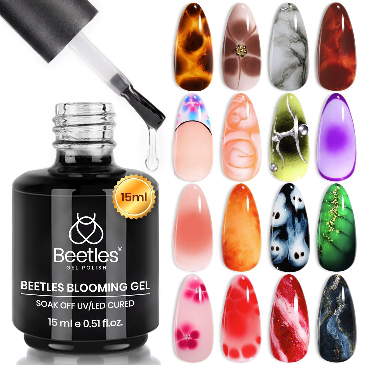 Beetles Blooming Gel 15 ml Clear UV Gel Polish Nail Art for Tortoise Nails | Marble and Natural Stone, Watercolor and Floral Print Spreading Effects, Soak-Off DIY Manicure Design