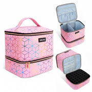 SAVILAND PU Leather Nail Polish Organizer Bag for Nail Tech, Pink | Holds 30 Bottles & Nail Lamp, Waterproof, Double-Layer, Adjustable Divider, Nail Organizers and Storage for Home and Travel