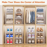 Sturdy Clear Shoe Organizer with Magnetic Door, Stackable Shoe Storage Box | Thick Plastic Shoe Storage for Sneakers & Boots, Collapsible Closet Shoe Rack and Clear Shoe Box, 6 Pack White