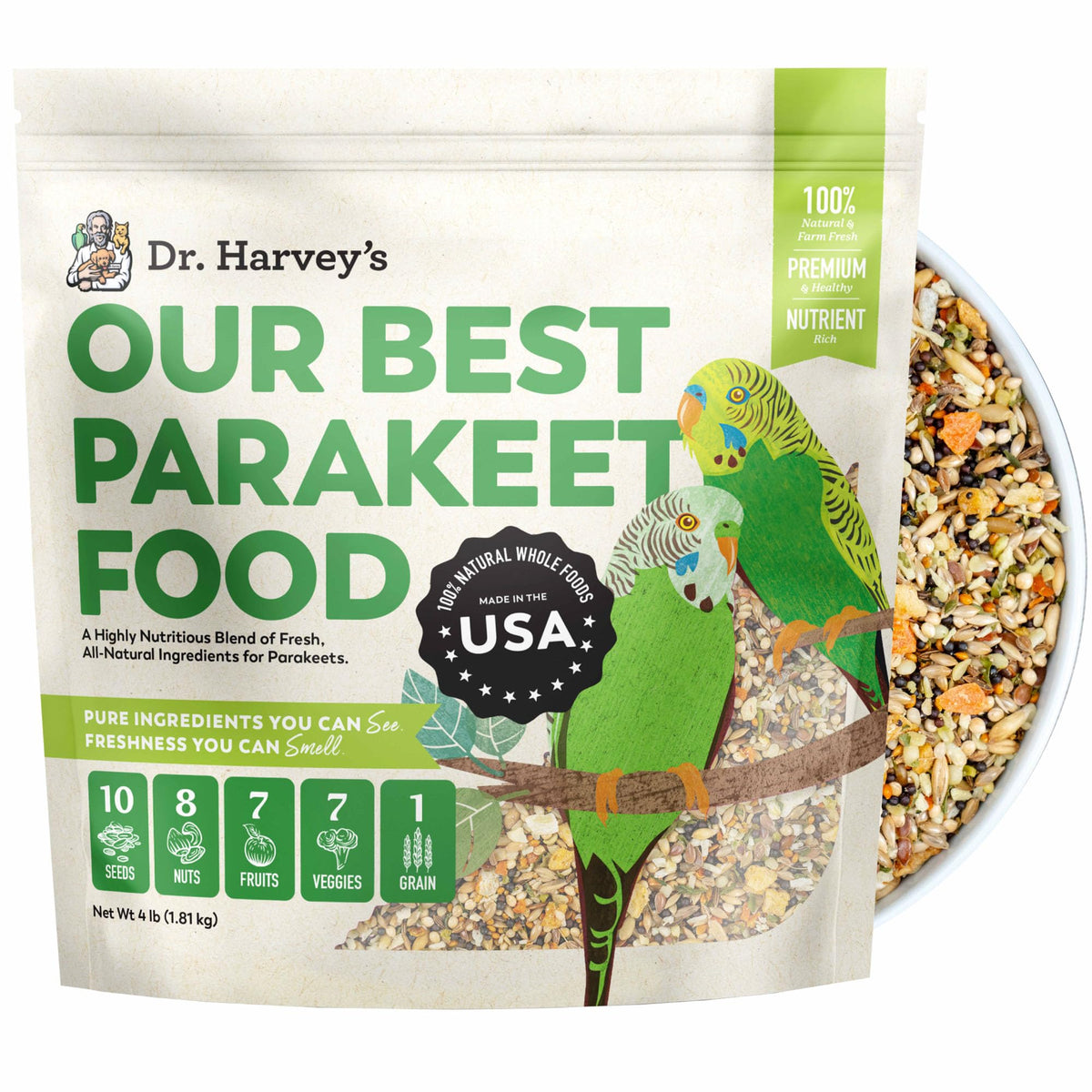 Dr. Harvey's Our Best Parakeet Food, Wholesome Seeds, Nuts, Fruits, and Vegetable Bird Feed for Budgies and Parakeets (4 Pounds/1.81 kg)