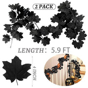 2Pcs Black Maple Leaf Garland Halloween Artificial Fall Leave Vines | 11.8FT, Fall Floral Garlands Thanksgiving Decor for Home Wedding Party