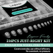 LEYKOSH Extra Short Almond Nail Tips, 216pcs Full Cover Soft Gel, 12 Sizes | 70-grit pre-sanded matte clear tips save filing time, with full-cover soft gel fit for DIY extensions and salon manicures.