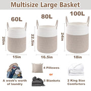 JMvicyroam 60L Cotton Rope Laundry Basket Hamper, Brown | Collapsible Laundry Basket, Reinforced Handles, Freestanding, Machine Washable, Holds 3-5 Thick Blankets, Clothes or Toys