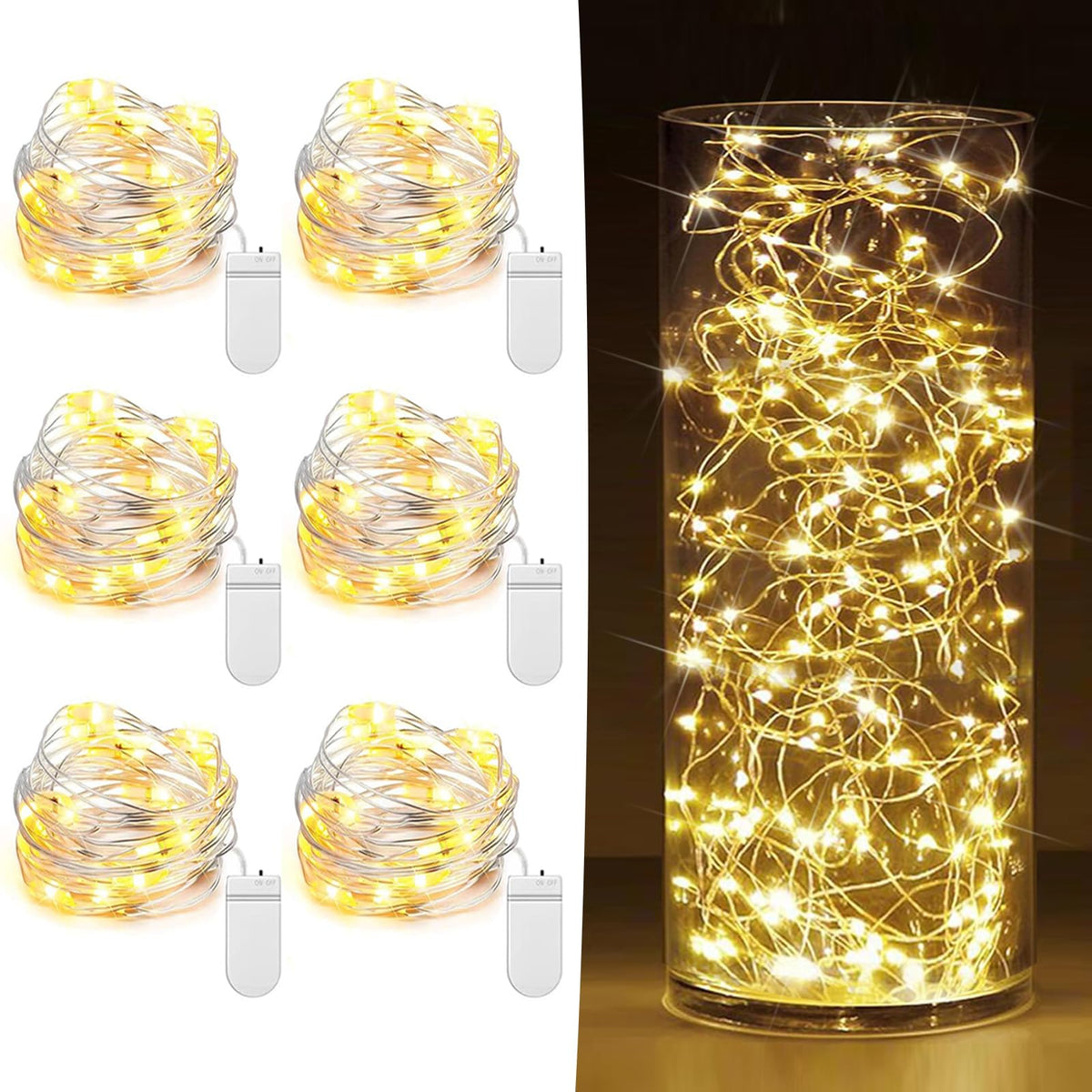 6 Pack Fairy Lights Battery Operated 7ft 20 LED Mini String Lights Twinkle Lights Silver Wire Firefly Starry Moon Lights for Mason Jars Wedding Party Christmas Centerpiece Table Decorations,Warm White