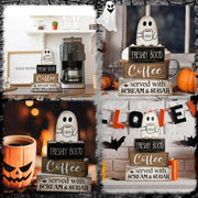Lineshading 4 Pcs Halloween Coffee Table Decor Wooden Ghost Coffee Bar Sign | Stackable Blocks Bar Farmhouse Rustic Ghost Tiered Tray Decor Festive Boo Wooden Signs Home Office Kitchen Shelf
