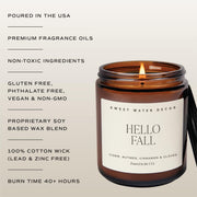 Sweet Water Decor Hello Fall Candle, 9oz Amber Jar, Autumn Scents for Home | Hot Cider, Cinnamon, Cloves, & Nutmeg Soy Wax Scent Notes, 40+ Hour Burn Time, Glass Jar, Black Lid, Thanksgiving & Halloween