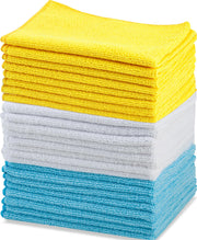 Amazon Basics Microfiber Cleaning Cloths, Ultra Absorbent, Lint Free, Streak Free, Non-Abrasive, Reusable and Washable, 16" x 12", Blue/White/Yellow, Pack of 24